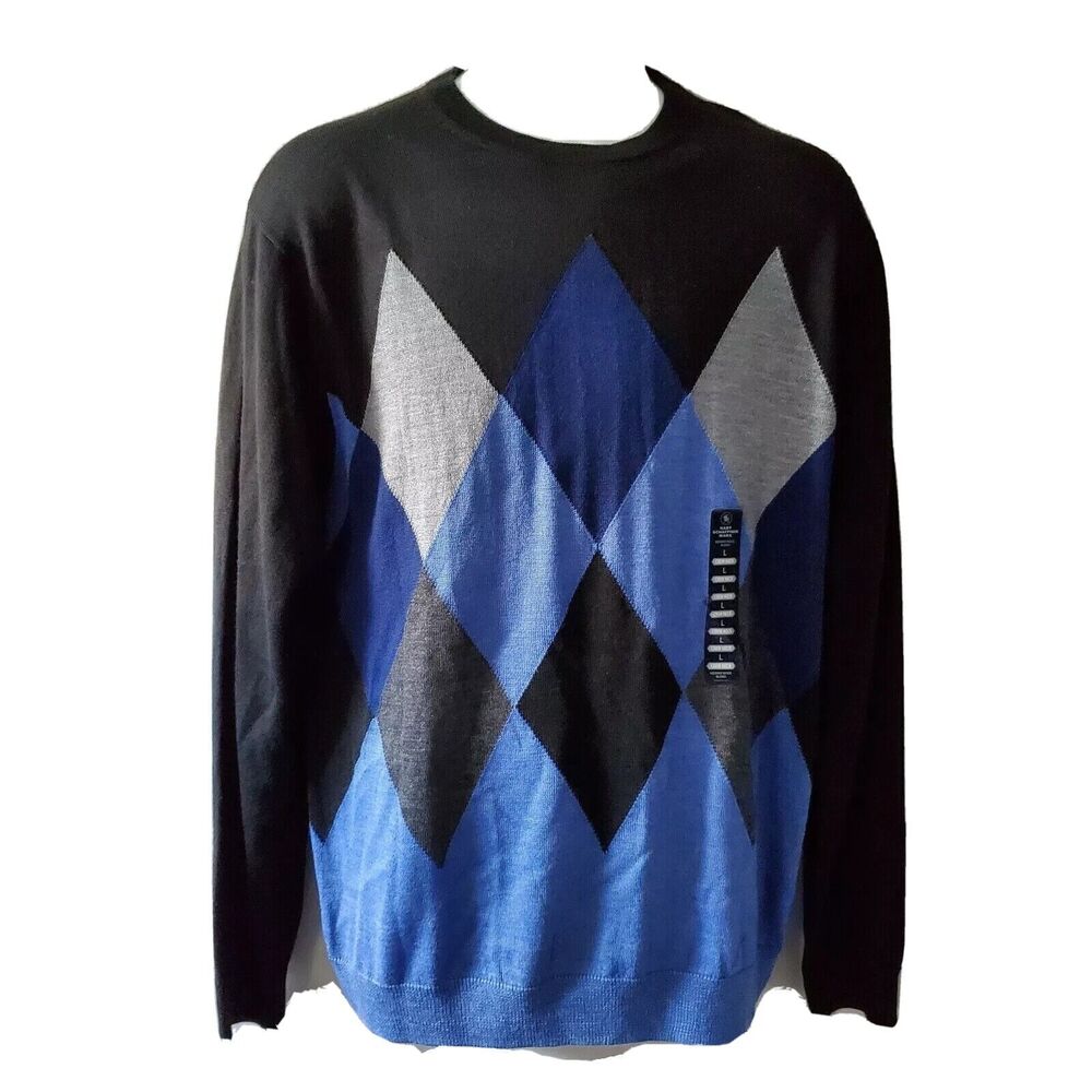 Hart Schaffner Marx men Argyle Sweater Crew Neck Black Blue Grandpa Wool new  L